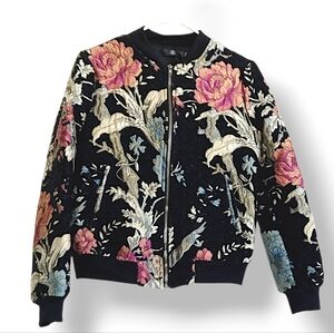 Missguided Black Floral Bomber Jacket Embroidered Rise Garden Boho Grunge Size 2